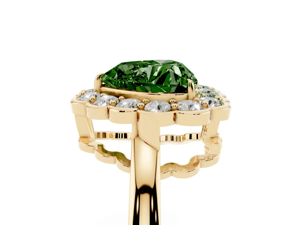 Fancy Green Heart Cut Halo Cluster Diamond Engagement Ring with Solitaire Band and Prong Setting Yellow gold