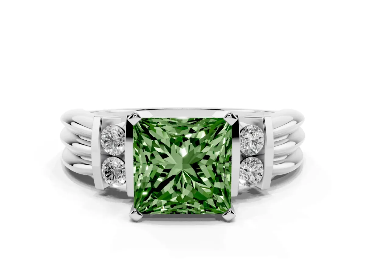Fancy Green Princess Cut Cut Three-Stone Channel Set Ring with Bar Prongs Silver