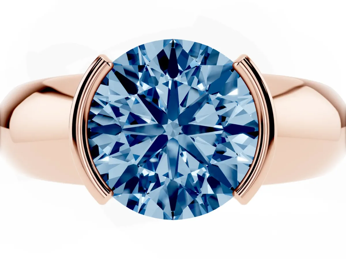 Fancy Blue Round Cut Solitaire Tension Set Diamond Ring with Wide Band Rose gold