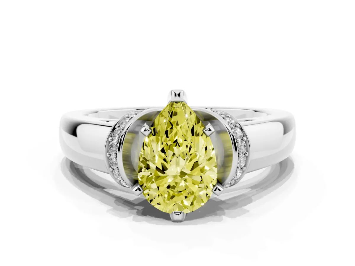 Fancy Yellow Pear Cut Solitaire Diamond Ring with Pave Band and Six-Prong Setting Silver