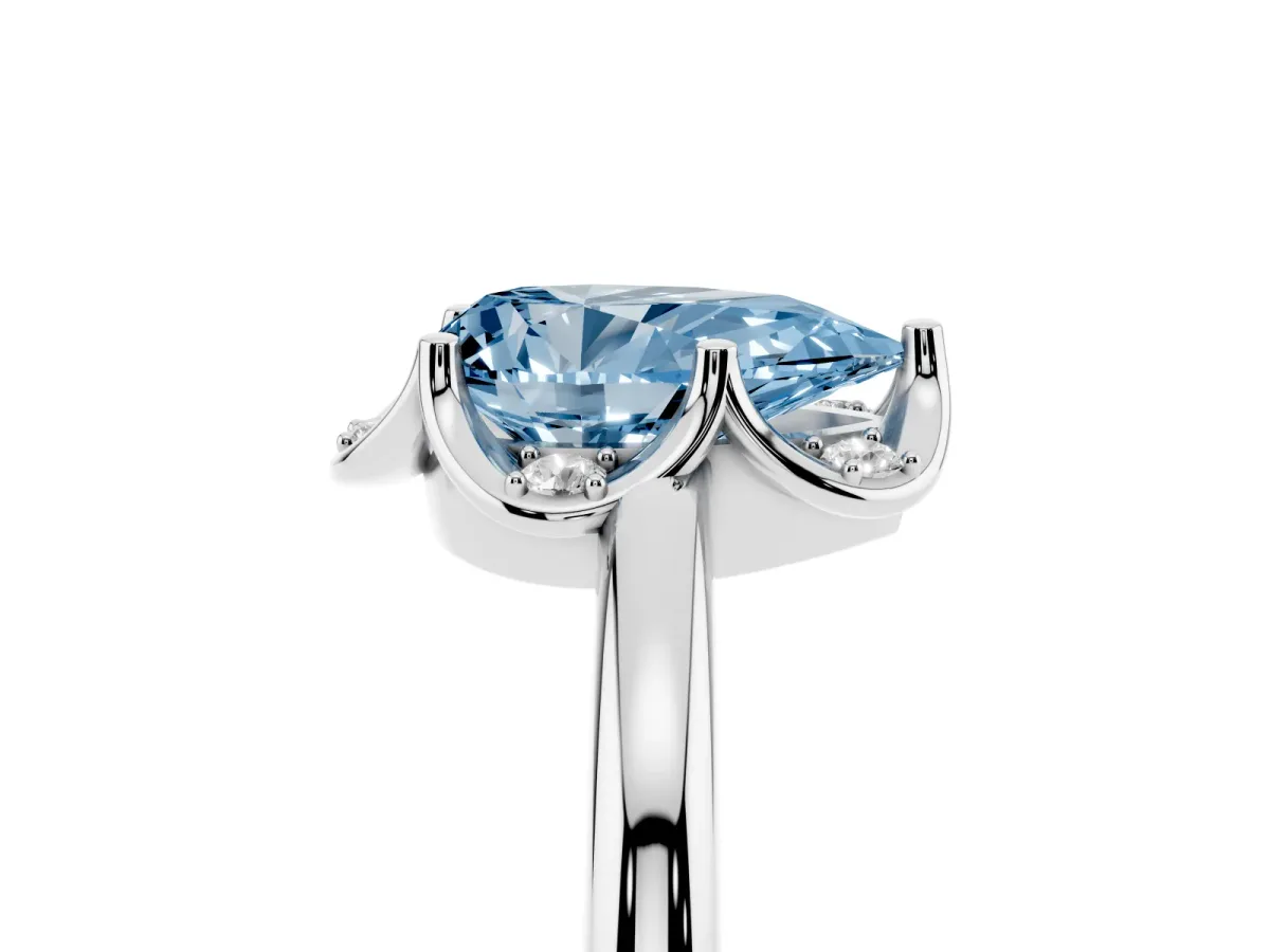 Fancy Blue Pear Cut Halo Diamond Ring with Round Cluster Setting, Solitaire Band, and Four-Prong Setting Silver