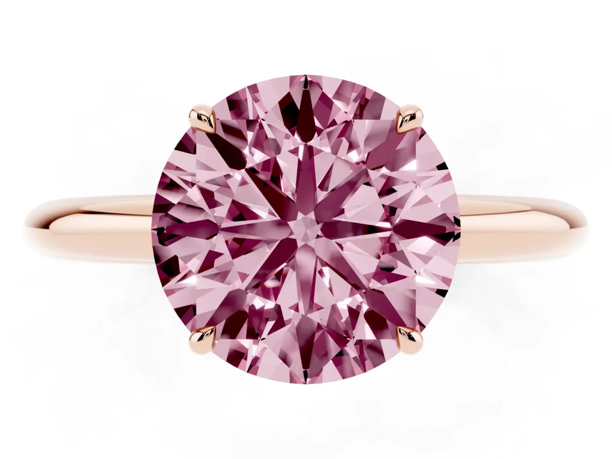 Fancy Pink Round Cut Brilliant Solitaire Engagement Ring with Six-Prong Setting and Classic Band Rose gold