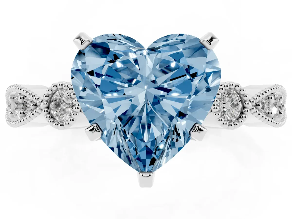 Fancy Blue Heart Cut Milgrain Bezel Diamond Engagement Ring with Solitaire Prong Setting Silver