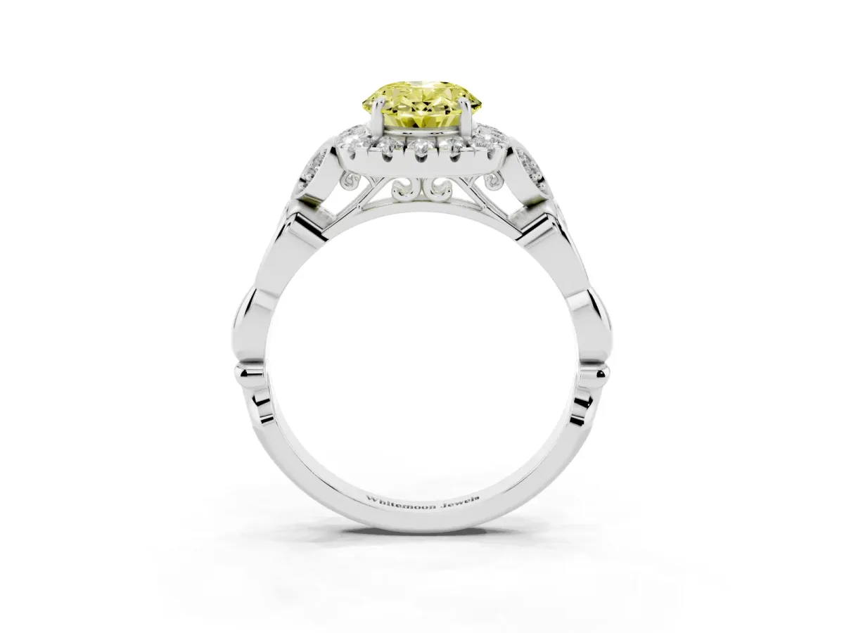 Fancy Yellow Oval Cut Halo Diamond Engagement Ring with Vintage-Inspired Band and Four-Prong Setting White gold
