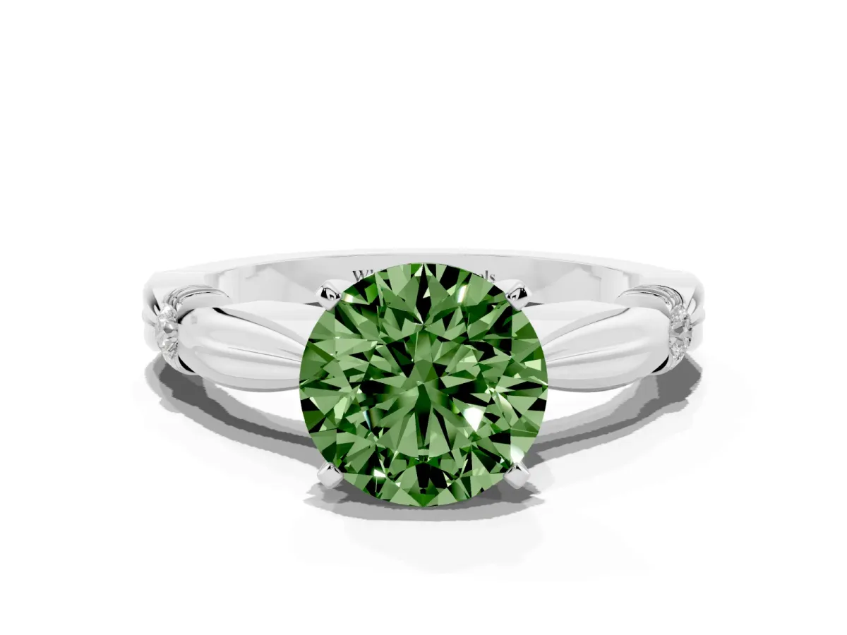 Fancy Green Round Cut Solitaire Diamond Twisted Band with Four-Prong Setting Platinum