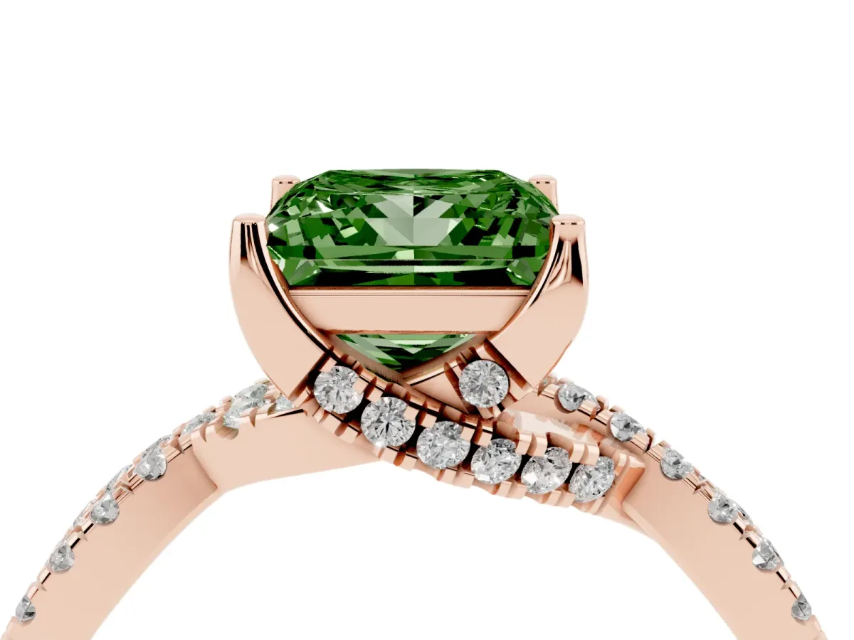 Fancy Green Princess Cut Solitaire Twist Pave Diamond Engagement Ring with Prong Setting Rose gold