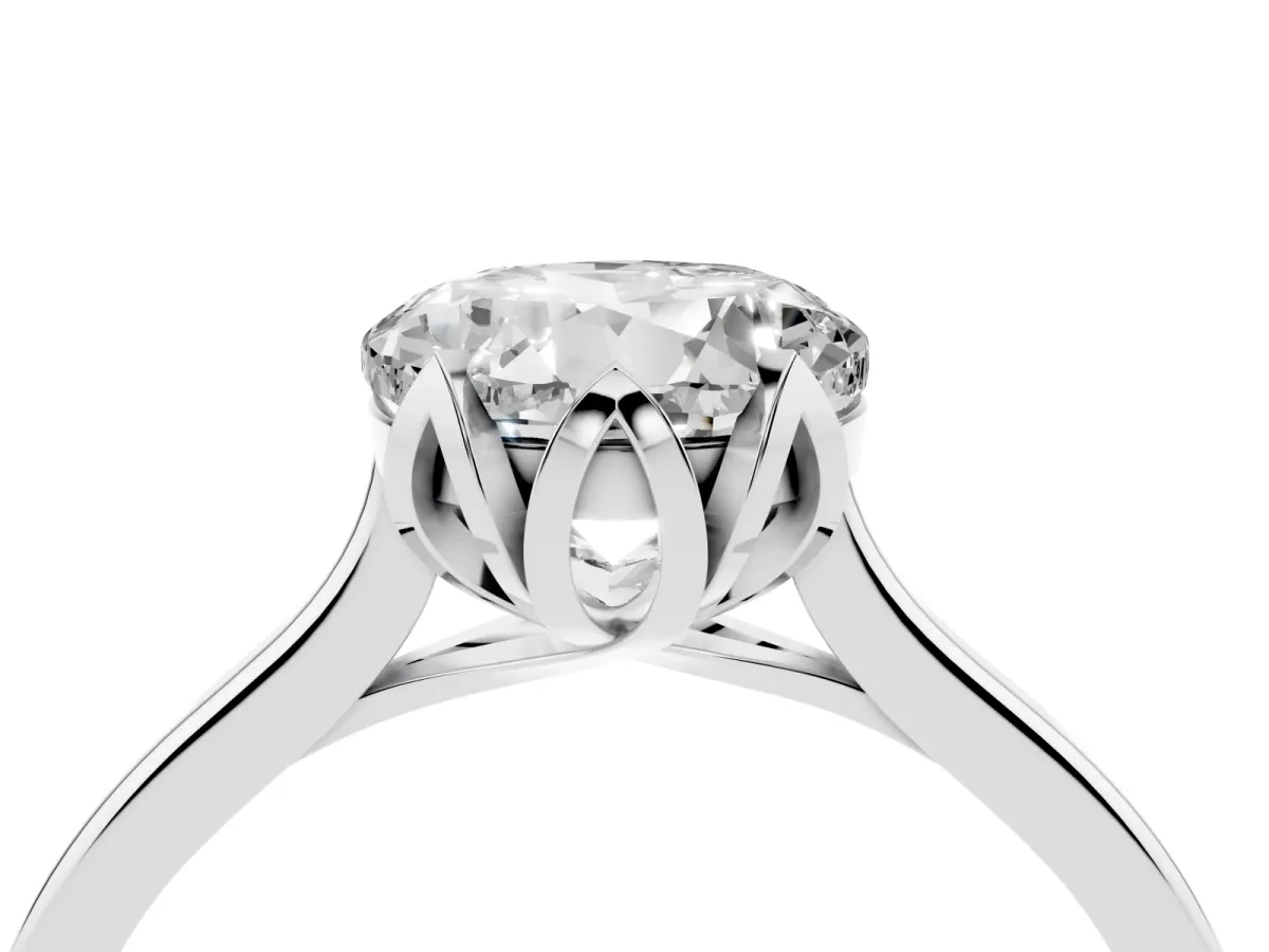 Round Cut Diamond Solitaire Ring with Flower Prong Setting and Classic Band Silver