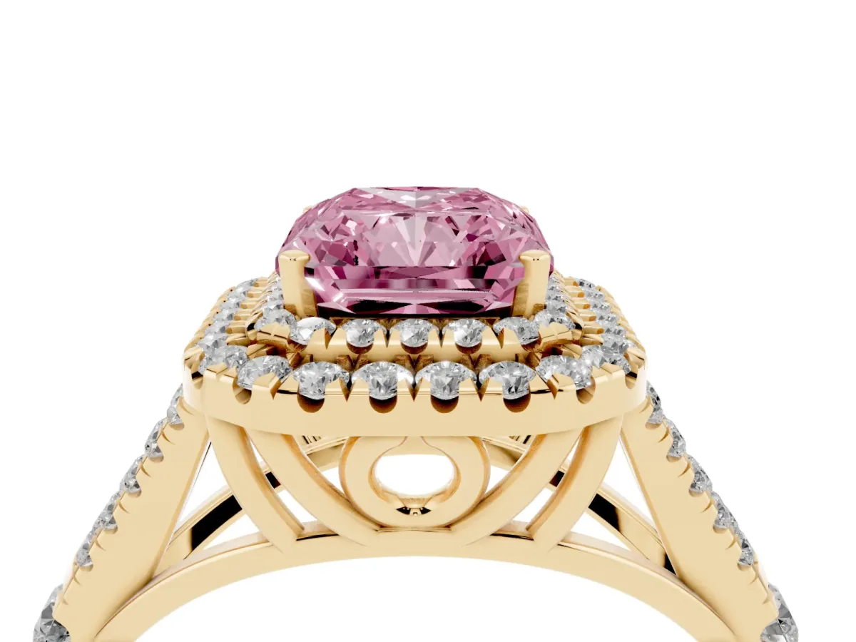 Fancy Pink Double Halo Radiant Cut Diamond Split Shank Engagement Ring with Four-Prong Setting Yellow gold