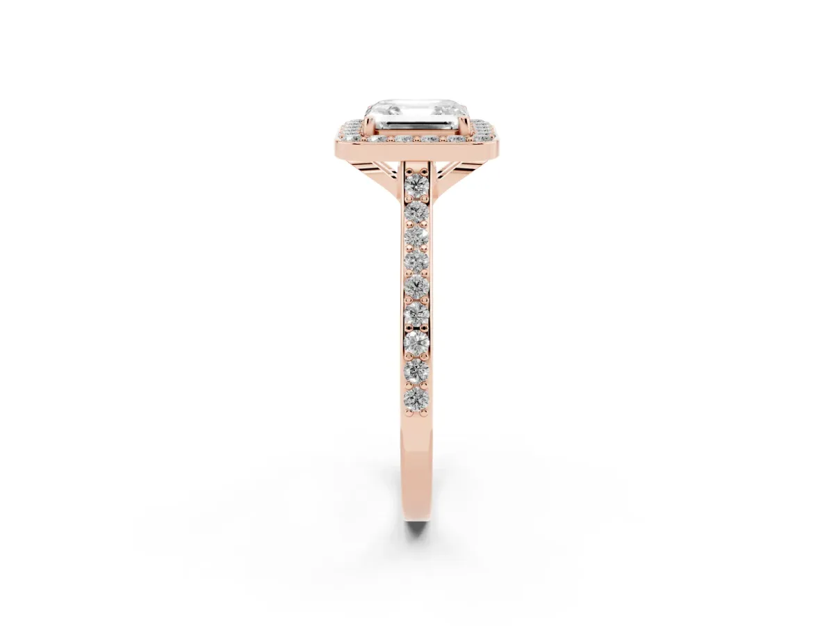 Asscher Cut Diamond Halo Engagement Ring with Round Pavé Shoulders and Prong Setting Rose gold