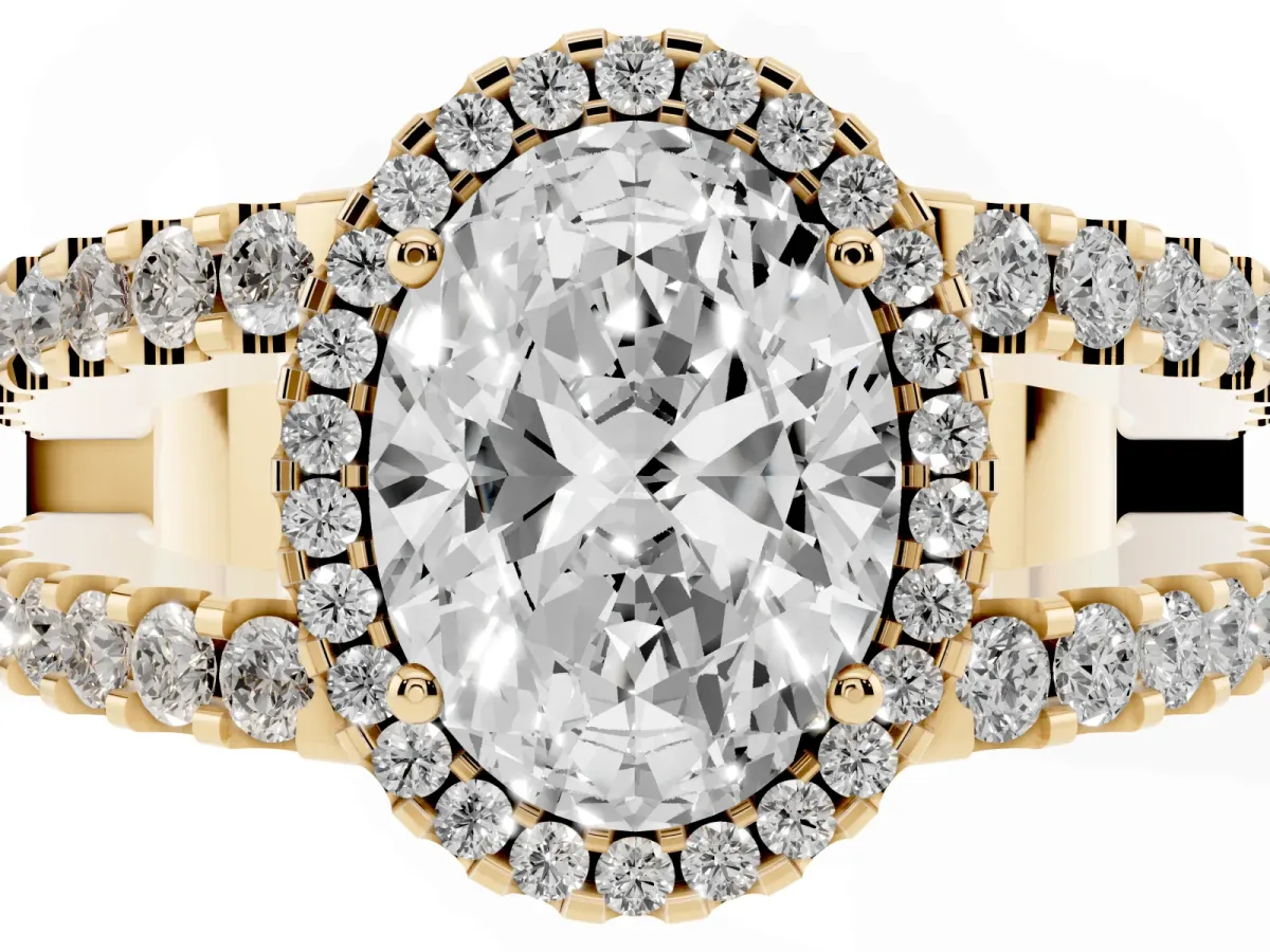 Oval Cut Cut Halo Split Shank Diamond Ring with Four-Prong Setting Yellow gold