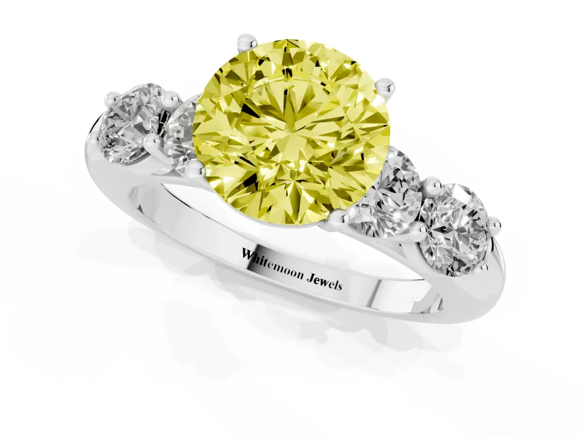 Fancy Yellow Round Cut Cut Five-Stone Prong Set Diamond Ring with Classic Band Silver