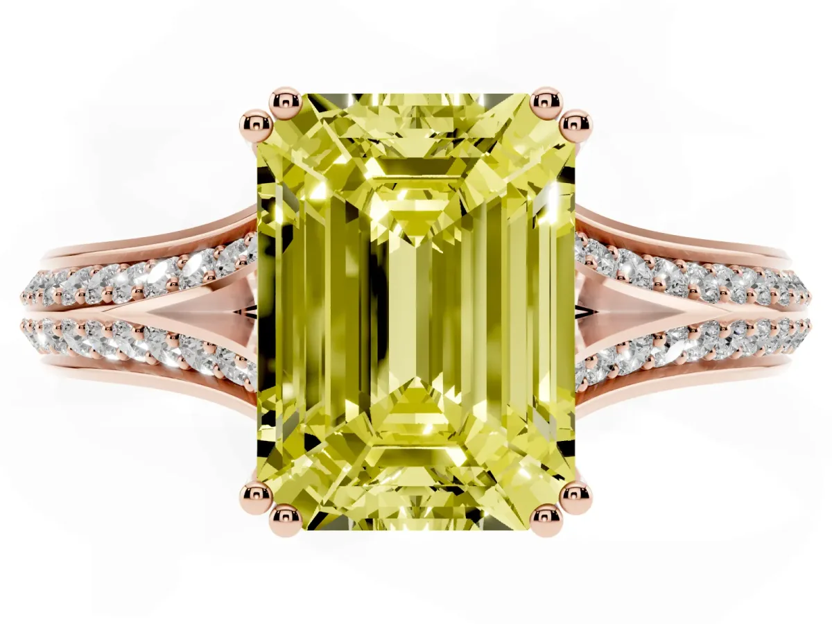 Fancy Yellow Emerald Cut Diamond Split Shank Engagement Ring with Pavé Band Rose gold