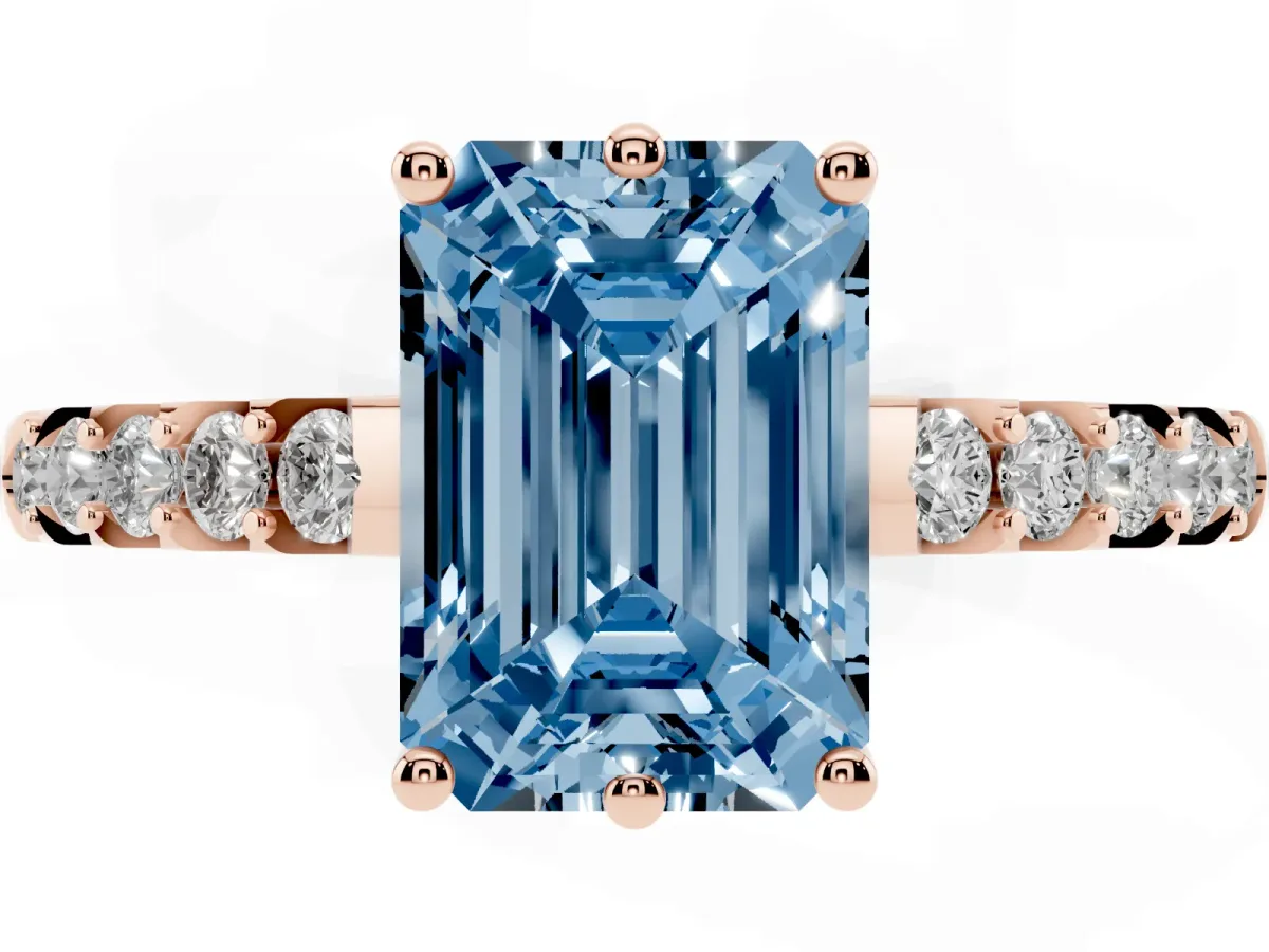 Fancy Blue Emerald Cut Solitaire Diamond Engagement Ring with Pavé Band and Six-Prong Setting Rose gold
