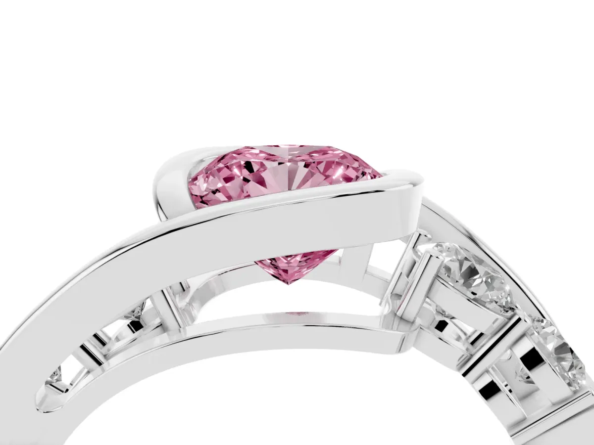 Fancy Pink Bezel Set Cushion Cut Diamond Bypass Ring with Round Accents Platinum