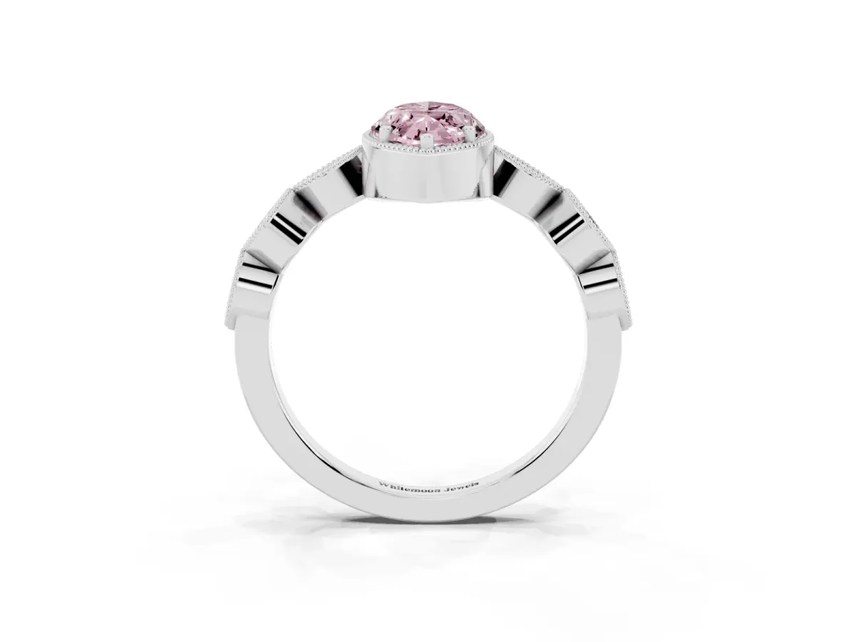 Fancy Pink Marquise Cut Diamond Vintage Milgrain Ring with Round Stations Silver