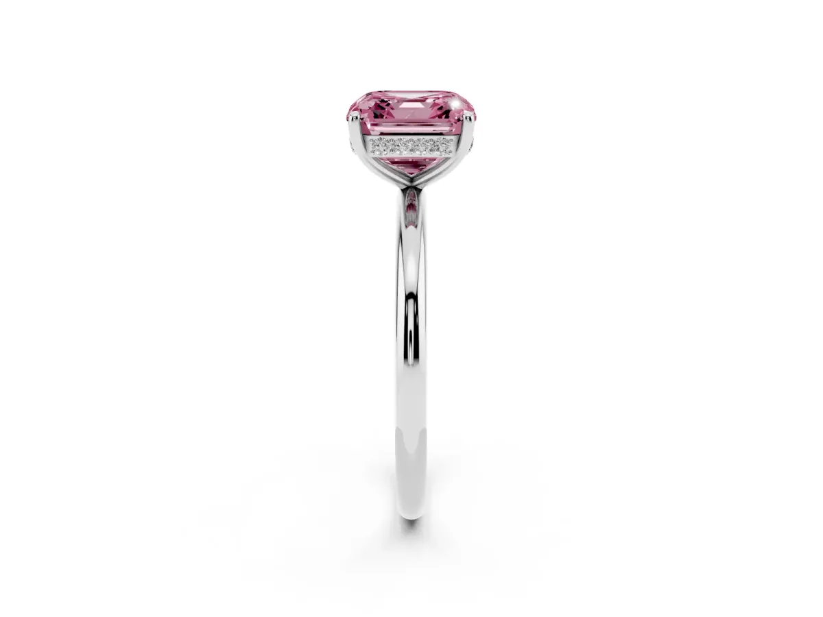 Fancy Pink Asscher Cut Solitaire Diamond Ring with a Classic Band and Four-Prong Setting Silver