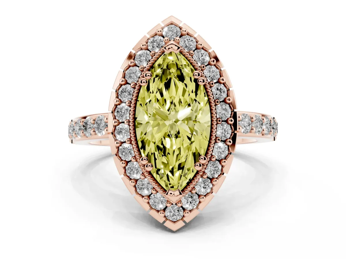 Fancy Yellow Marquise Cut Diamond Halo Ring with Pavé Band and Prong Setting Rose gold