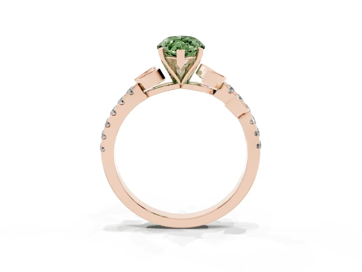 Fancy Green Marquise Cut Solitaire Leaf-Inspired Diamond Ring with Pavé Band and Four-Prong Setting Rose gold