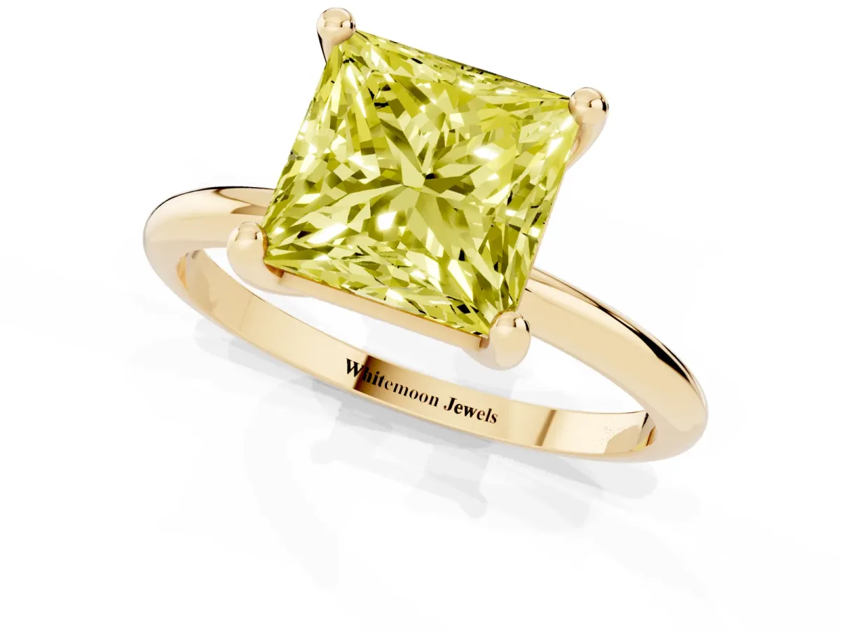 Fancy Yellow Princess Cut Solitaire Diamond Ring with 4-Prong Setting on a Classic Band Yellow gold
