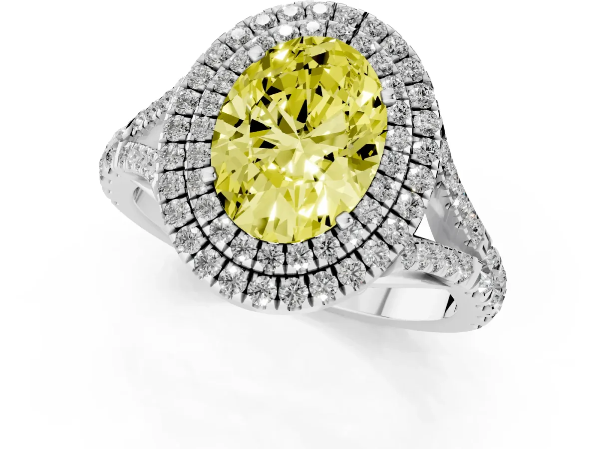 Fancy Yellow Oval Cut Cut Double Halo Split Shank Diamond Ring with Prong Setting Platinum