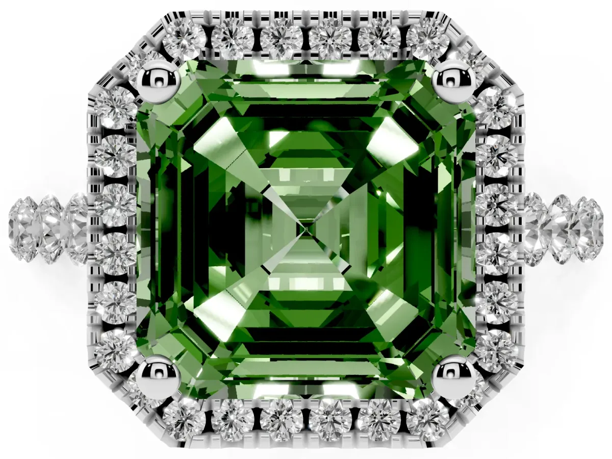Fancy Green Asscher Cut Halo Pavé Diamond Engagement Ring with Four-Prong Setting Platinum
