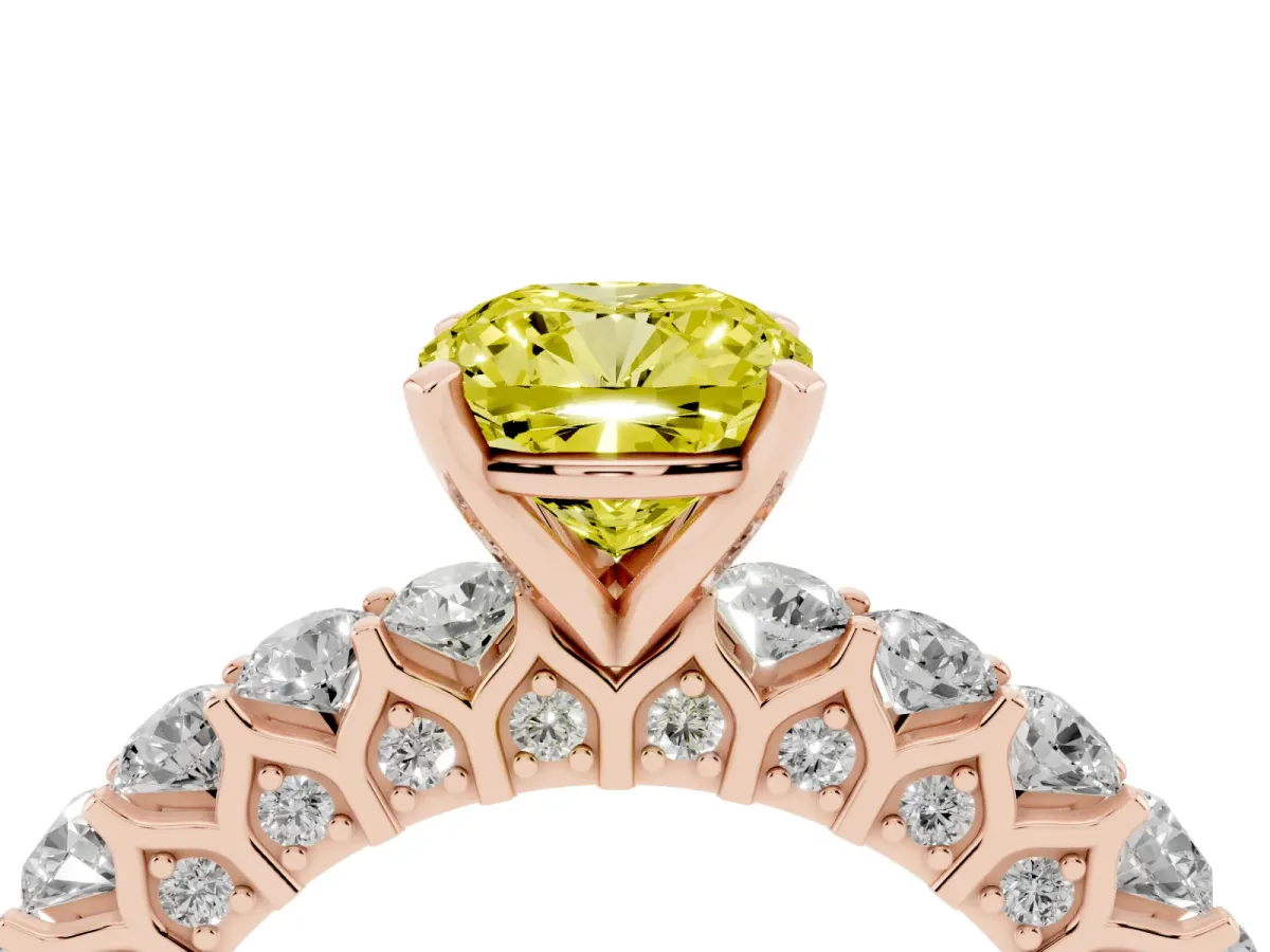 Fancy Yellow Cushion Cut Diamond Solitaire Ring with Shared Prong Pavé Band and Four-Prong Setting Rose gold