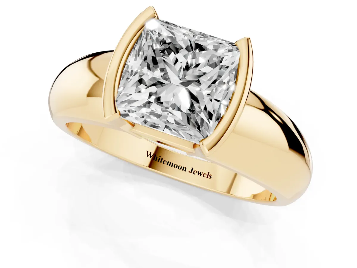 Princess Cut Solitaire Tension Set Diamond Ring with Wide Band Yellow gold
