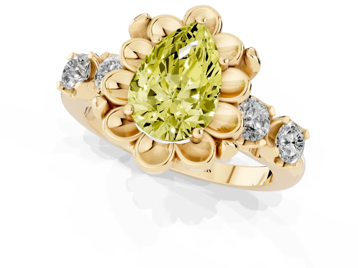 Fancy Yellow Pear Cut Cut Diamond Floral Halo Engagement Ring with Shared Prong Setting Yellow gold