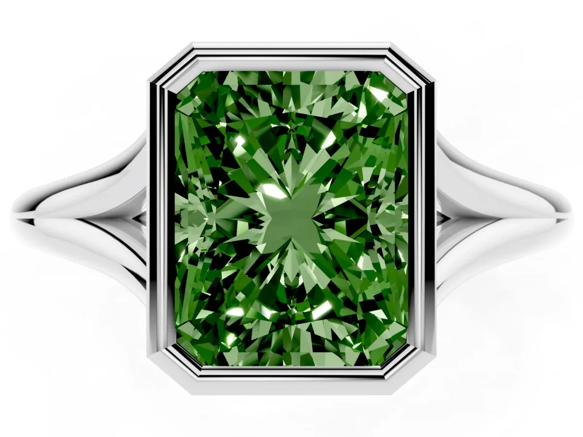 Fancy Green Bezel Set Radiant Cut Cut Solitaire Ring with Tapered Band Silver