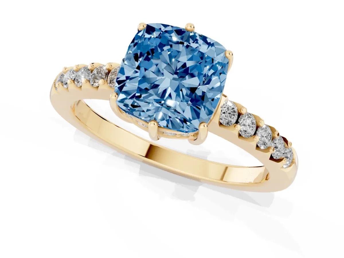 Fancy Blue Cushion Cut Solitaire Diamond Engagement Ring with Pavé Band and Six-Prong Setting Yellow gold