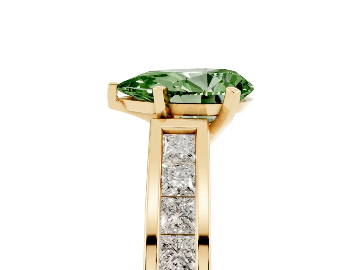 Fancy Green Pear Cut Solitaire Diamond Ring with Channel-Set Band and Four-Prong Setting Yellow gold