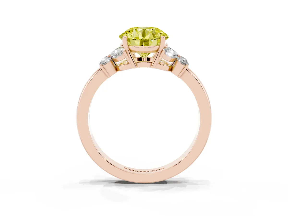 Fancy Yellow Round Cut Cut Solitaire Floral Diamond Ring with Four-Prong Setting Rose gold