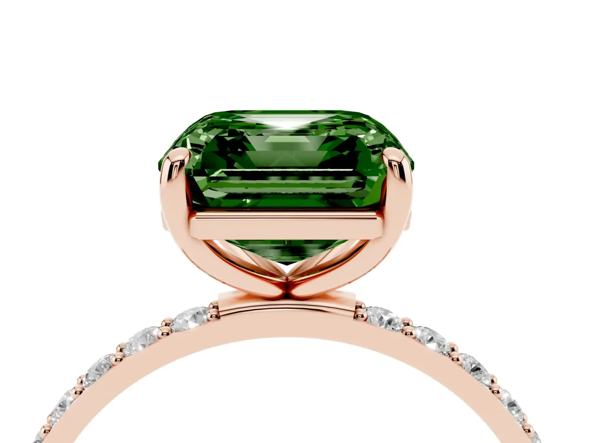 Fancy Green Asscher Cut Diamond Solitaire Ring with Round Pavé Band and Prong Setting Rose gold