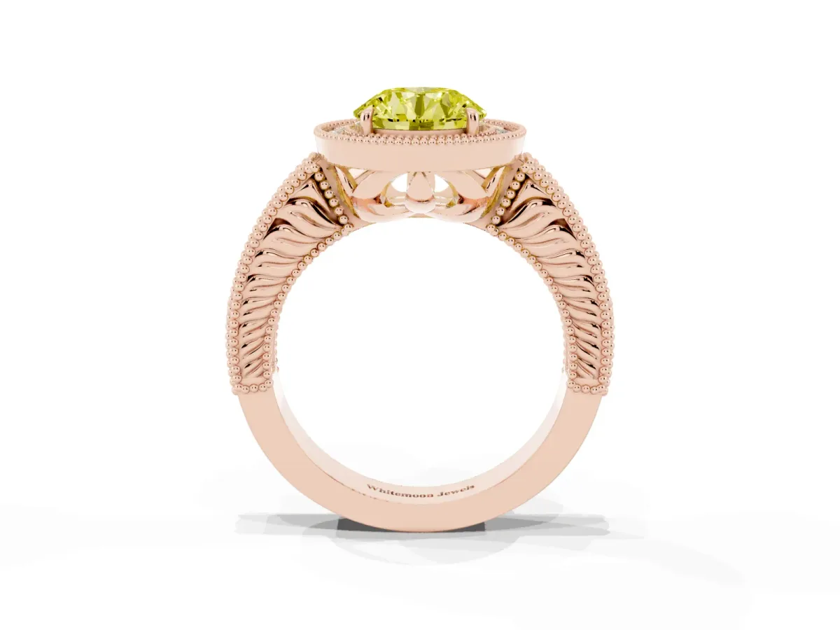 Fancy Yellow Round Cut Cut Halo Diamond Ring with Pavé Band and Four-Prong Setting Rose gold