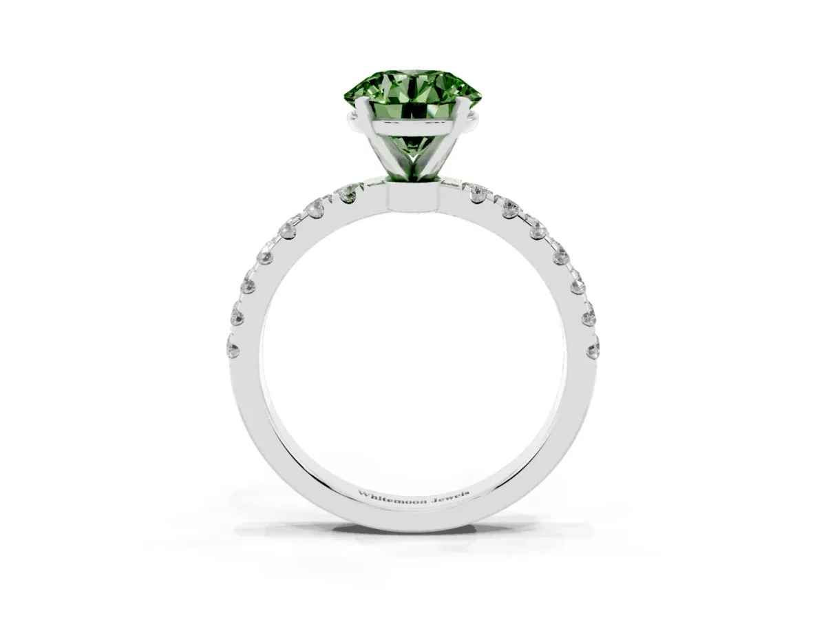 Fancy Green Round Cut Diamond Solitaire Ring with Pavé Accents and Four-Prong Setting White gold