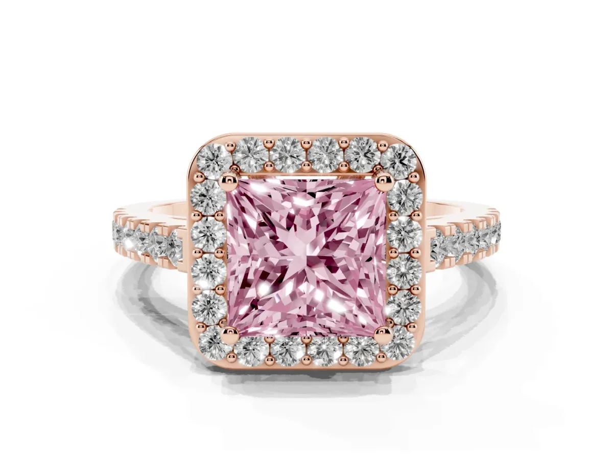 Fancy Pink Princess Cut Diamond Halo Ring with Round Pavé Split Shank and Prong Setting Rose gold