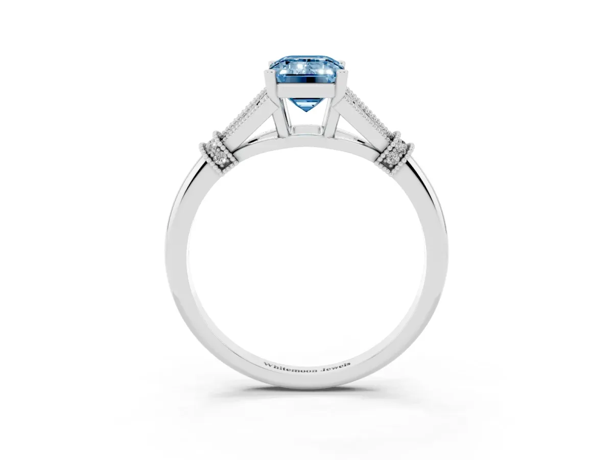 Fancy Blue Emerald Cut Diamond Solitaire Ring with Floral Filigree and Pave Accents White gold