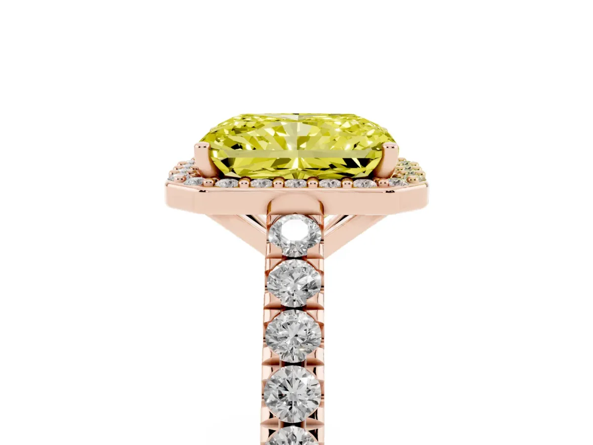 Fancy Yellow Radiant Cut Cut Halo Diamond Engagement Ring with Pave Band and Four-Prong Setting Rose gold