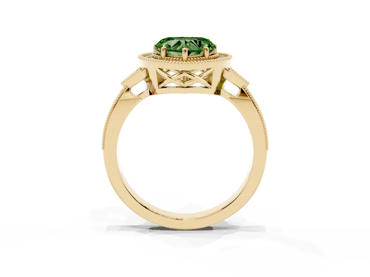 Fancy Green Heart Cut Halo Round Diamond Milgrain Pave Engagement Ring Yellow gold
