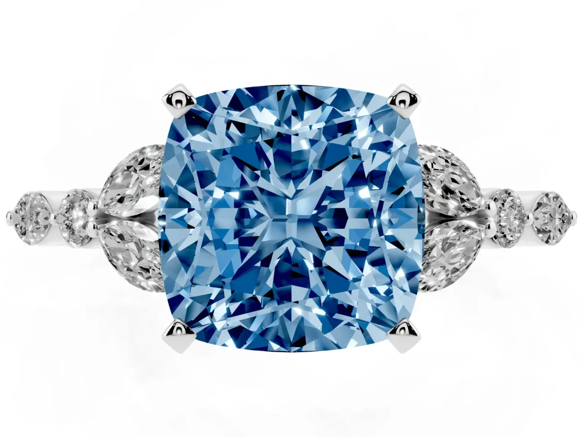 Fancy Blue Cushion Cut Diamond Solitaire Ring with Side Stones and Four-Prong Setting Silver