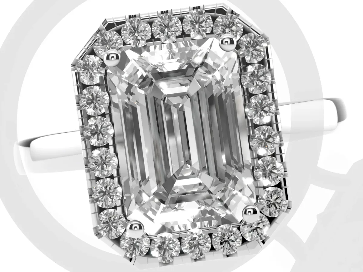 Emerald Cut Halo Diamond Solitaire with Pavé Band and Four-Prong Setting White gold