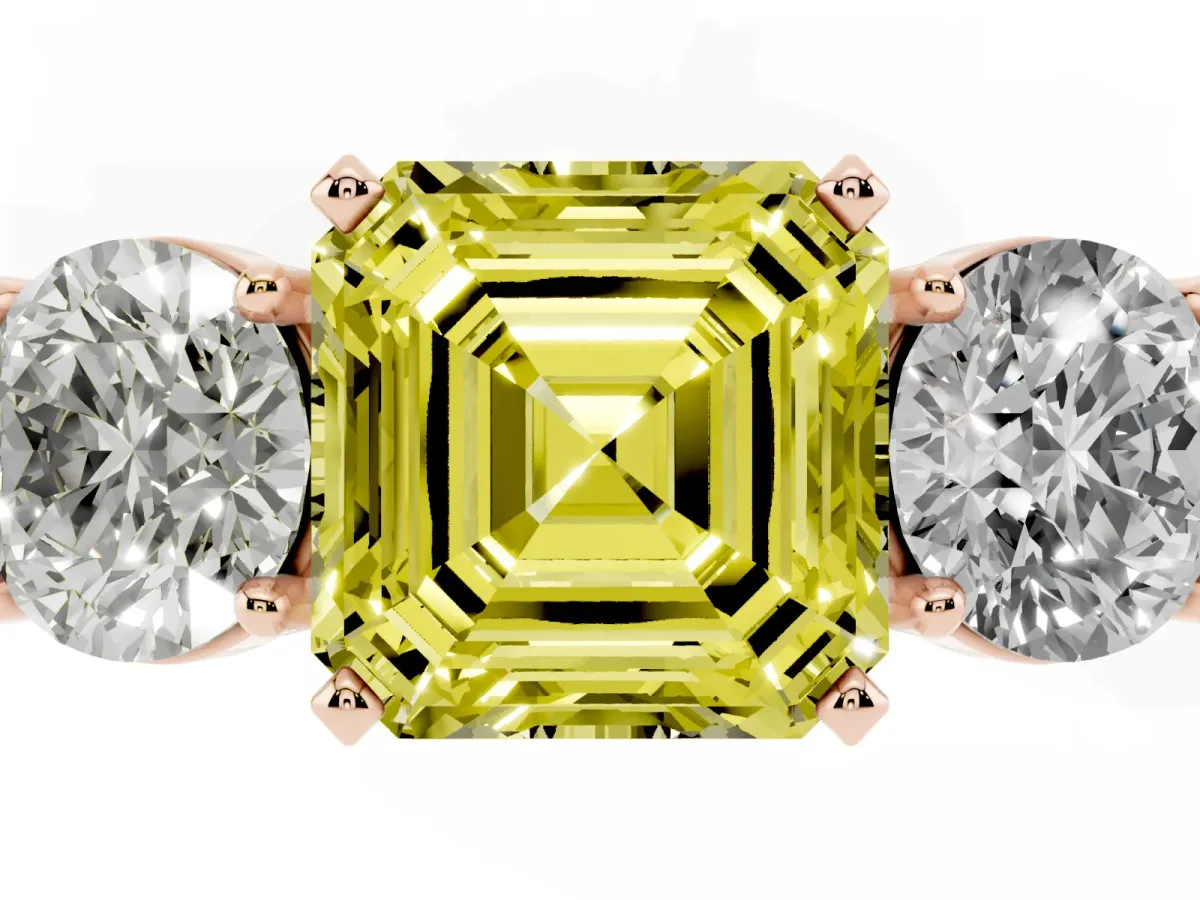Fancy Yellow Three-Stone Asscher Cut Diamond Ring with Round Side Stones, Classic Band, and Four-Prong Setting Rose gold
