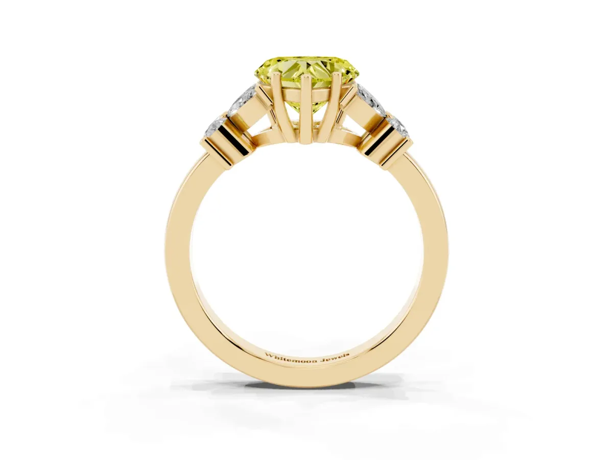 Fancy Yellow Heart Cut Diamond Floral Cluster Ring with Solitaire Band and Prong Setting Yellow gold