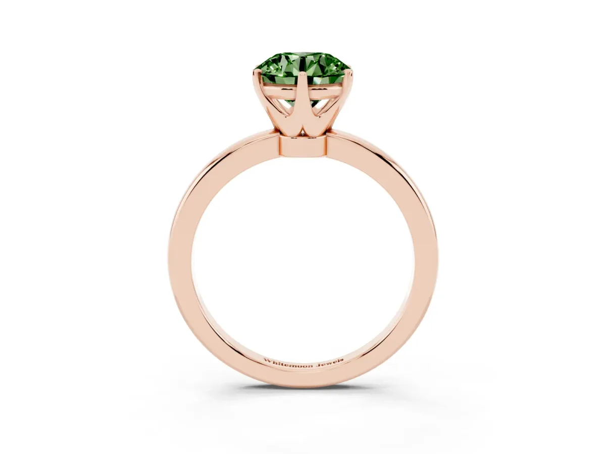 Fancy Green Round Cut Solitaire Diamond Ring with Six-Prong Setting on a Classic Band Rose gold