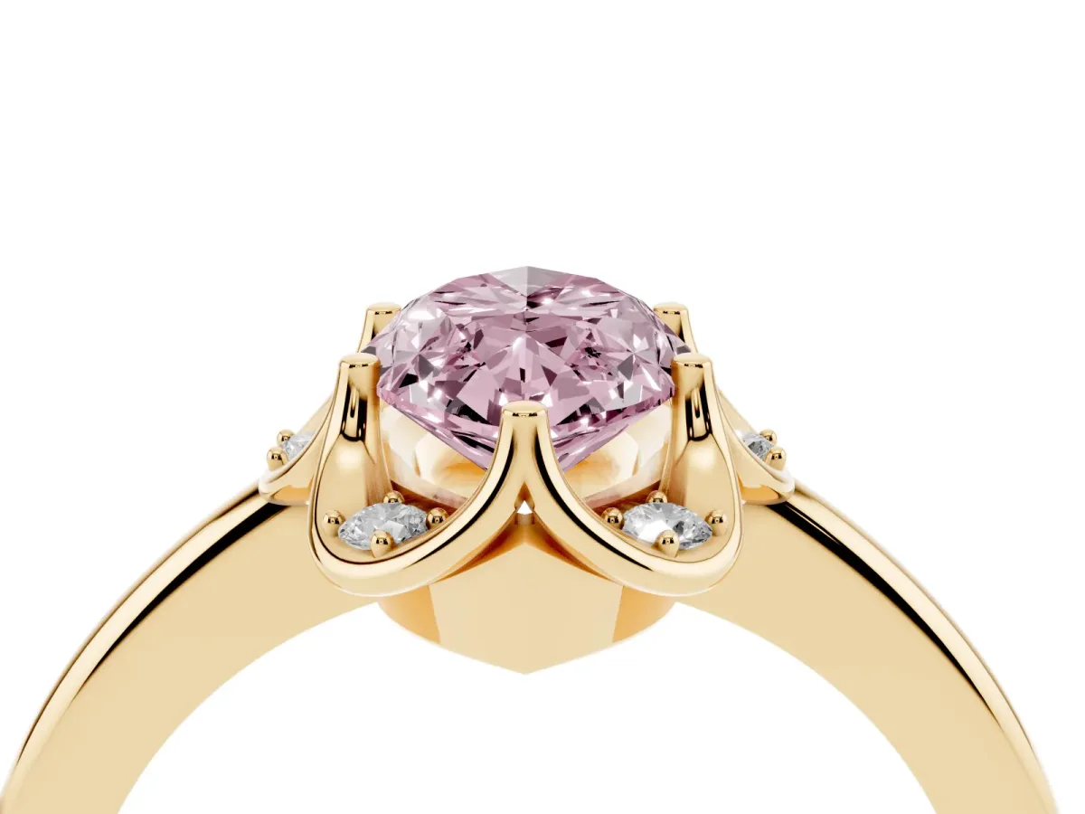 Fancy Pink Marquise Cut Halo Diamond Ring with Round Cluster Setting, Solitaire Band, and Four-Prong Setting Yellow gold