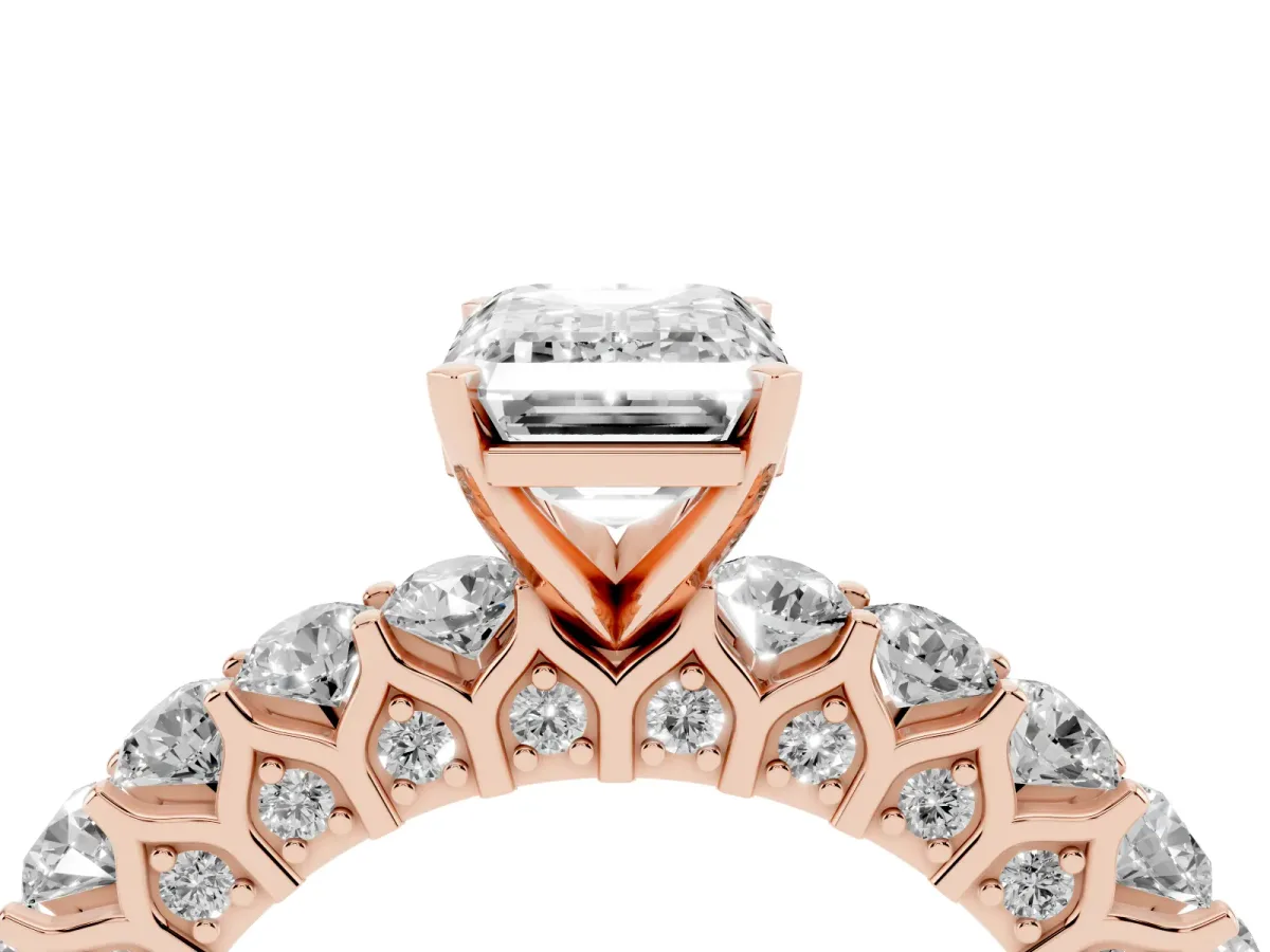 Emerald Cut Diamond Solitaire Ring with Shared Prong Pavé Band and Four-Prong Setting Rose gold
