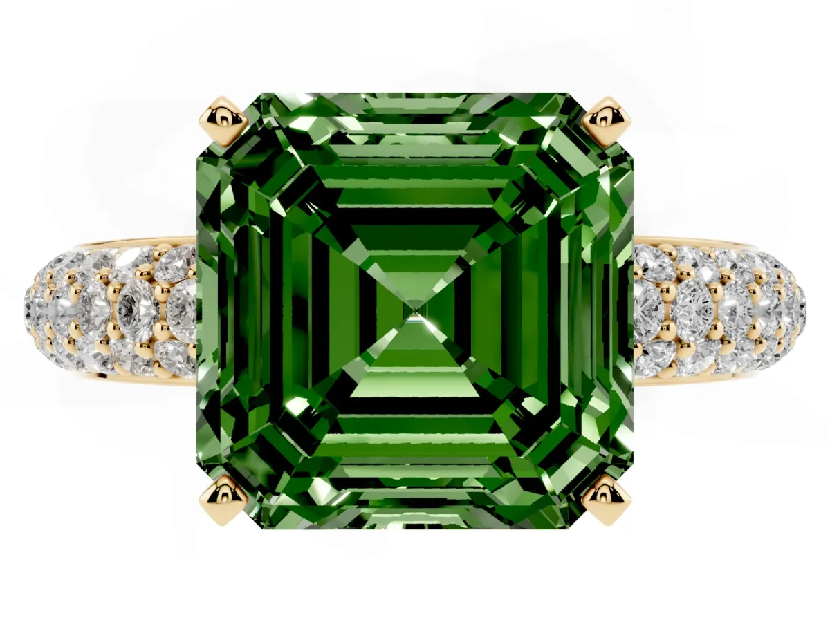 Fancy Green Asscher Cut Diamond Solitaire Ring with Prong Setting and Pavé Band Yellow gold