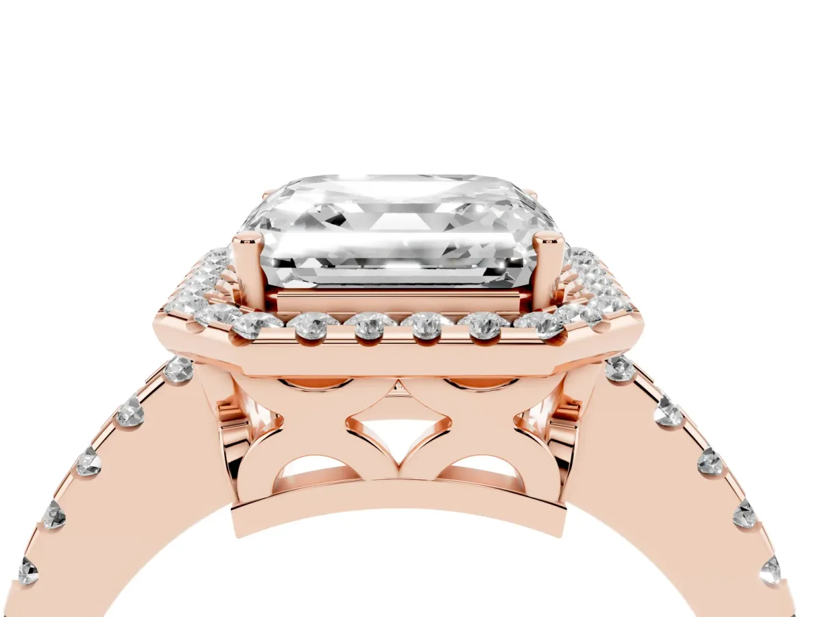 Asscher Cut Diamond Halo Engagement Ring with Pavé Band and Prong Setting Rose gold