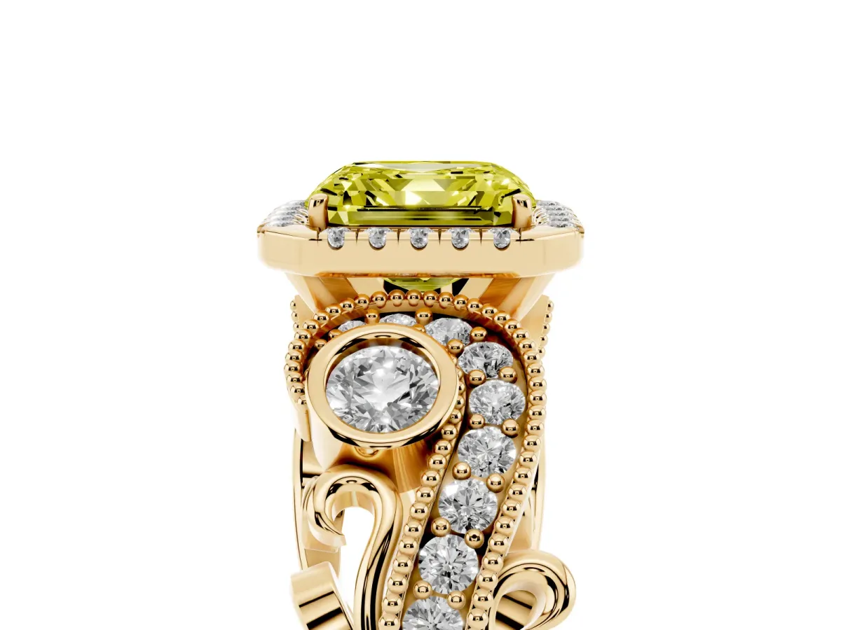 Fancy Yellow Asscher Cut Diamond Halo Ring with Milgrain Pavé Band and Four-Prong Setting Yellow gold