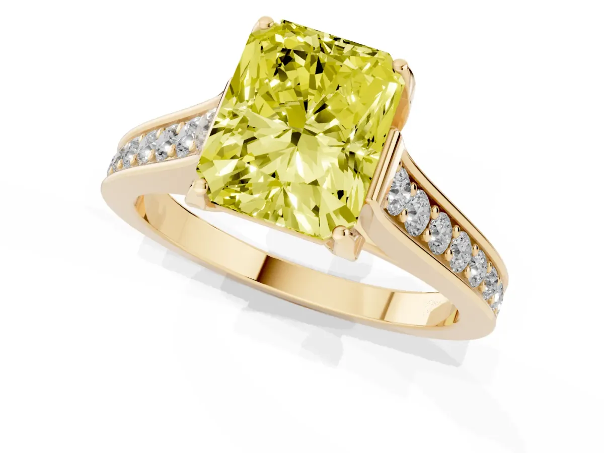 Fancy Yellow Radiant Cut Brilliant Cut Diamond Engagement Ring with Pavé Band and Four-Prong Setting Yellow gold